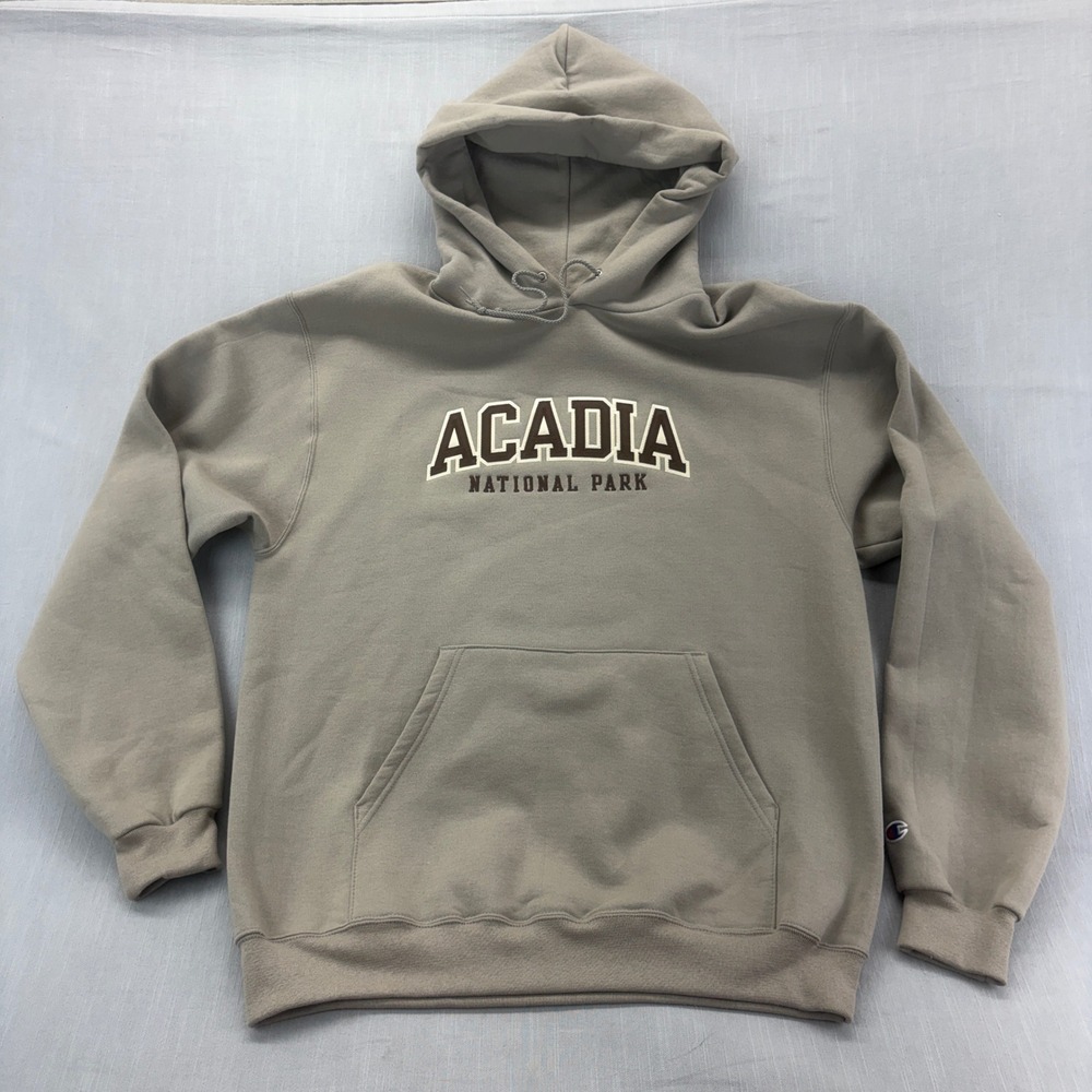 Champion Hoodie Mens Large Acadia National Park Tan Embroidered Pullover Sweat